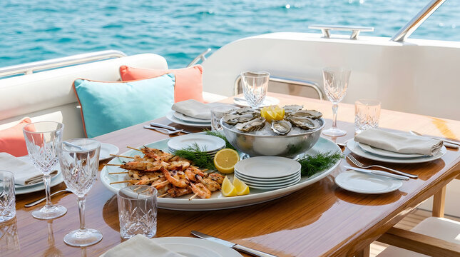 Grilled seafood and oysters served on a yacht dining table with turquoise sea behind, showing gourmet hospitality and premium coastal travel