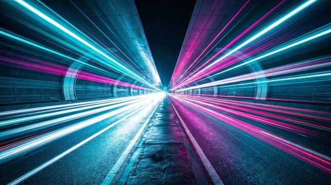 Cybernetic High-Speed Highway Tunnel with Neon Cyan and Magenta Light Trails