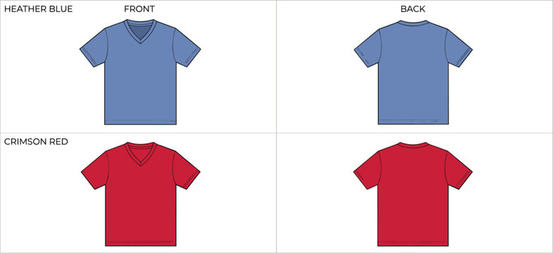 Men V Neck T Shirt Fashion Technical Sketch Template Set in Heather Blue and Crimson Red Colorways