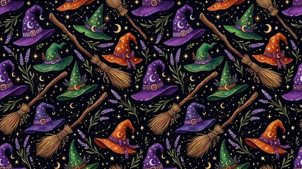 Fototapeta premium Seamless halloween pattern with witch hats, brooms, and lavender