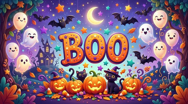 Cute cartoon halloween boo with ghosts, pumpkins, bats, and black cats