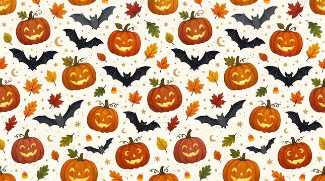 Seamless halloween pattern with pumpkins, bats, and autumn leaves