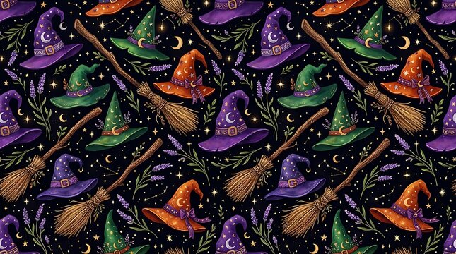 Seamless halloween pattern with witch hats, brooms, and lavender