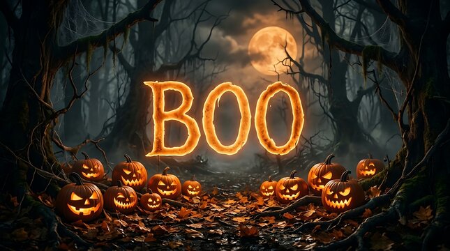 Spooky halloween forest with glowing boo text and jackolanterns