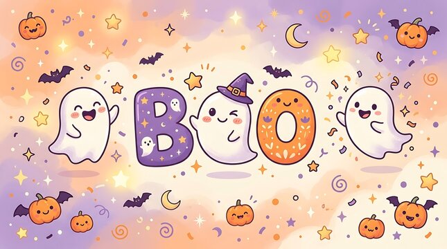 Cute halloween boo illustration with friendly ghosts, pumpkins, and stars