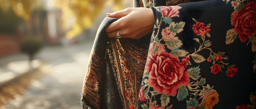 A hand holding a floral-patterned shawl with red roses and intricate embroidery, set against a sunlit autumn street. Podcast cover for cultural fashion and textile art content.