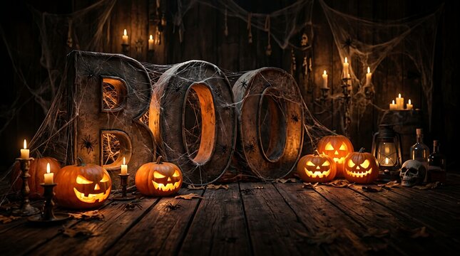 Rustic halloween decor with boo text, carved pumpkins, and cobwebs