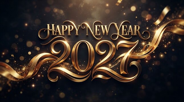 Happy new year 2027 elegant golden typography with festive glitter