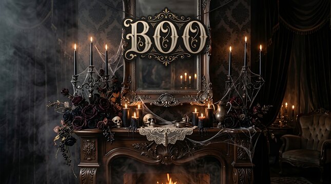 Spooky halloween fireplace mantel with boo sign and gothic decor