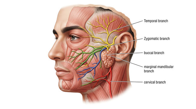 Detailed labeled diagram of human facial nerve branches