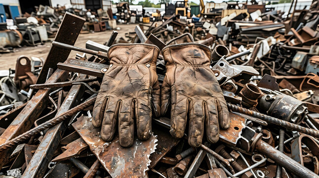Pair of rugged worn leather protective working gloves resting on top of a heap of discarded rusty metal scraps at an industrial waste facility site for heavy manufacturing and recycling tasks