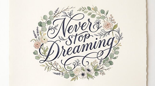 Never stop dreaming calligraphy in floral wreath on white background
