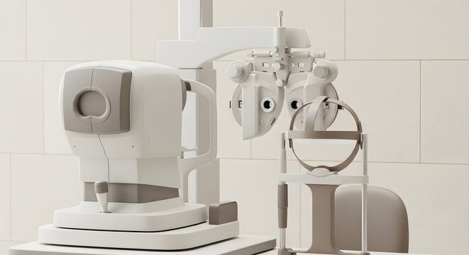 Advanced optical equipment for eye examination, including a phoropter and autorefractor, arranged on a table in a clinical setting. Podcast cover for vision testing 