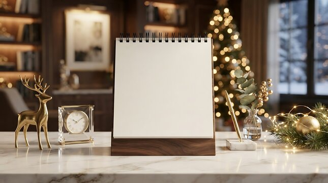 Blank desk calendar mockup with festive christmas holiday decor