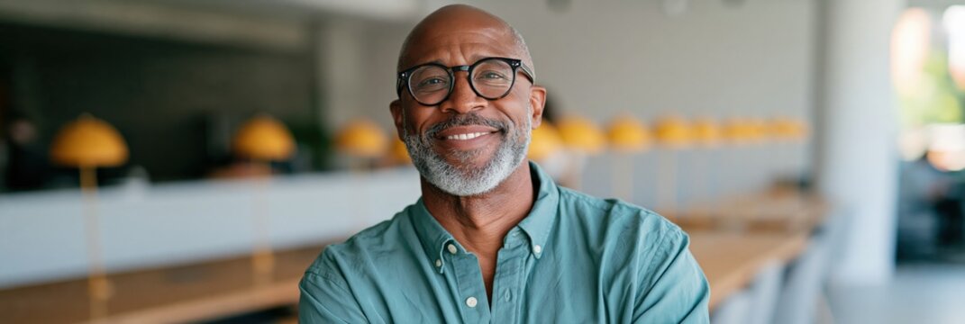 Smiling mature man medium portrait in green shirt at shared workspace for professional profile background and business website header