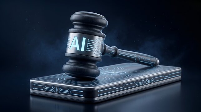 Artificial intelligence cyber law concept featuring digital judge gavel with glowing circuit patterns for tech legislation