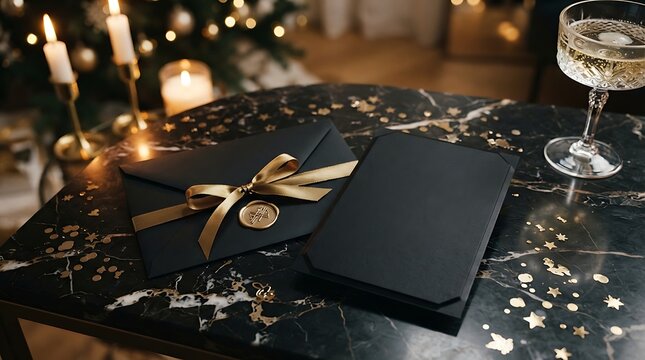 Luxury black and gold invitation mockup with champagne and confetti