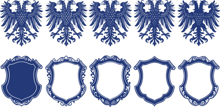 Vintage Blue Double Headed Eagle Crest and Ornate Shield Constructor Kit for Regal Heraldic Logo and Badge Designs
