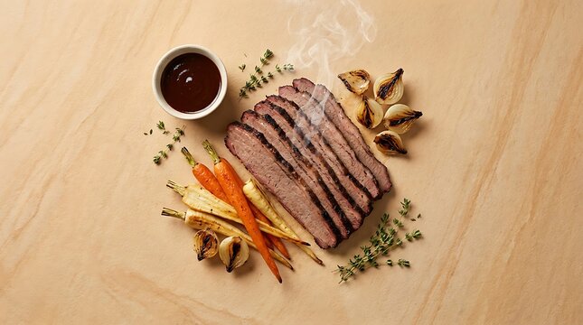 Sliced beef brisket with gravy and roasted carrots on a rustic brown kitchen table. smoked dish layout