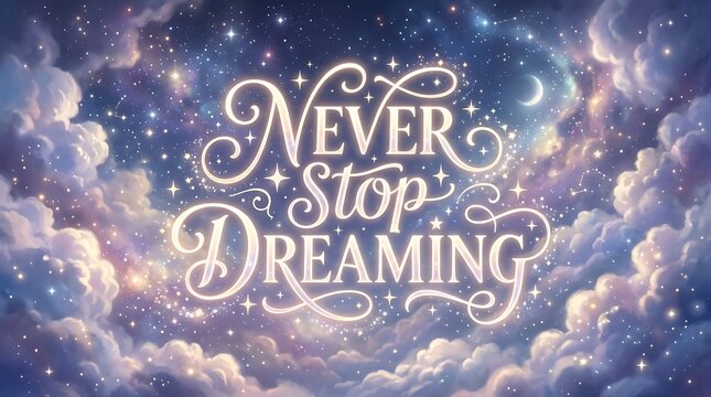 Never stop dreaming glowing text in magical starry night sky