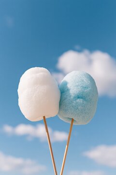 Blue and white cotton candy on sticks against blue sky with clouds for sweet food background and party poster design