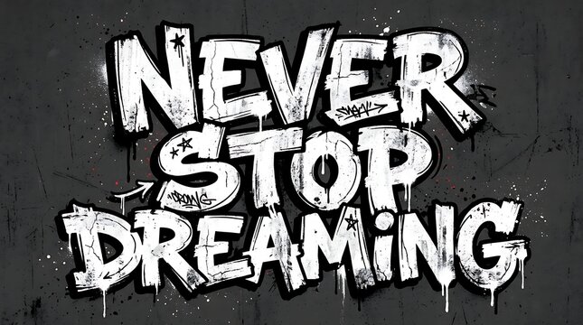 Never stop dreaming graffiti text on dark grunge wall background