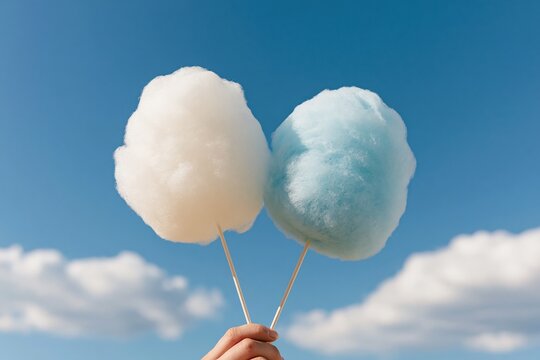 Two blue and white cotton candy sticks against a clear blue sky background for summer party poster and banner design