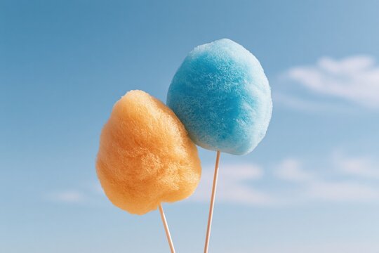 Bright blue and orange cotton candy sticks against a sunny blue sky background for summer festival banner and sweet treat design