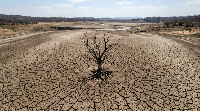 A single dead tree stands in the center of a wide dry lake bed with cracked parched earth under the scorching sun representing the severe environmental impact of prolonged drought and climate