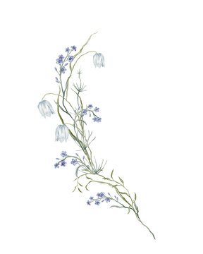 Hand-painted watercolor vertical bouquet of white fritillaria bells and pale blue forget-me-nots with slender sage stems over layered geometric blocks on white background. contemporary botanical art