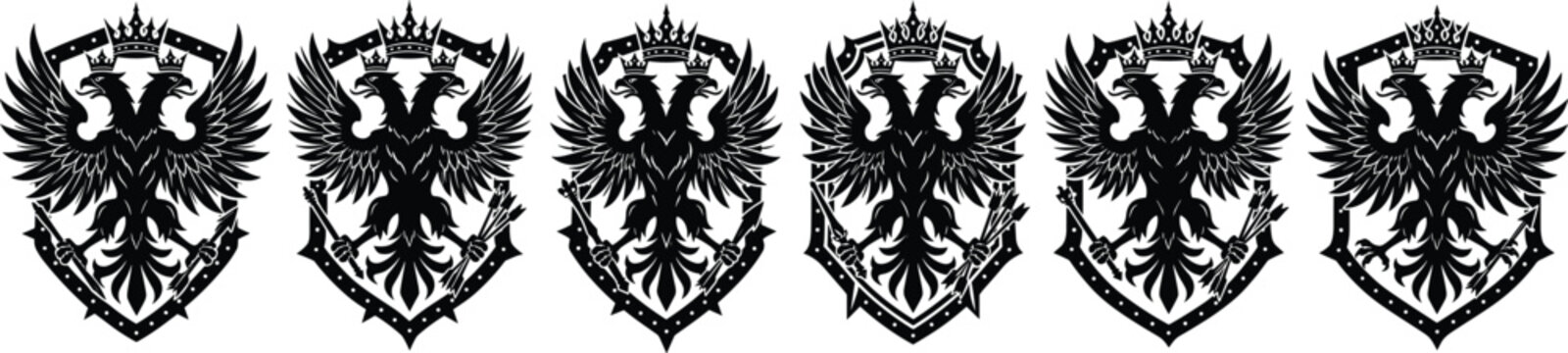 Double Headed Eagle Crest Silhouette Set with Imperial Crowns and Heraldic Shields for Badges, Tattoos, Logos, and Vintage Designs
