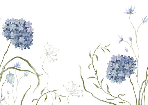 Seamless horizontal banner featuring a watercolor illustration of blue wildflowers, cornflowers and hydrangeas. Delicate botanical repeat border. For wedding invitations, greeting cards, scrapbooking