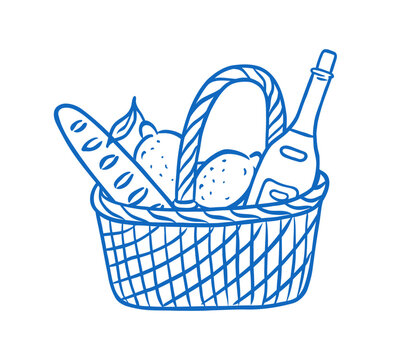 Hand drawn wicker basket picnic. Sketch line blue illustration. Food, bottle wine, bread or baguette, lemon. Vector illustration for menu, card, invitation.