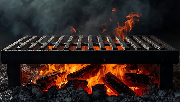 Metal grill rack standing over burning wood fire with smoke and ash.