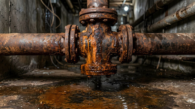 Industrial metal pipe system showing heavy corrosion and water leakage inside a dark damp basement environment that requires urgent maintenance repairs to prevent further structural damage to