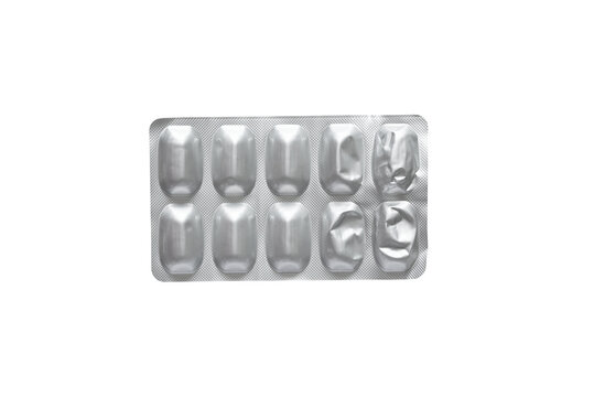 Metal blister pack with large tablets isolated on transparent background, ten pills with four used and empty compartments, png, pharmaceutical packaging concept, medicine dosage, healthcare