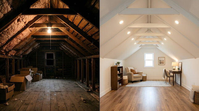 attic renovation before and after transformation | home improvement loft conversion ideas | unfinished attic vs modern attic office | residential remodeling project visualization