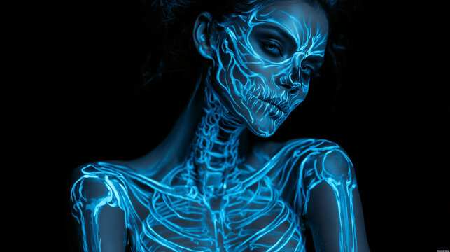 Beautiful female model transformed into a glowing skeleton with intricate UV-reactive body paint, fluorescent bone patterns covering the face, neck, shoulders and arms, dramatic bl