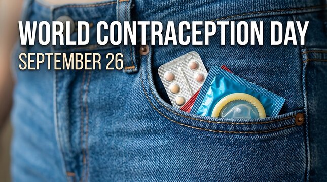 World contraception day concept with birth control pills and a condom in a blue denim jeans pocket