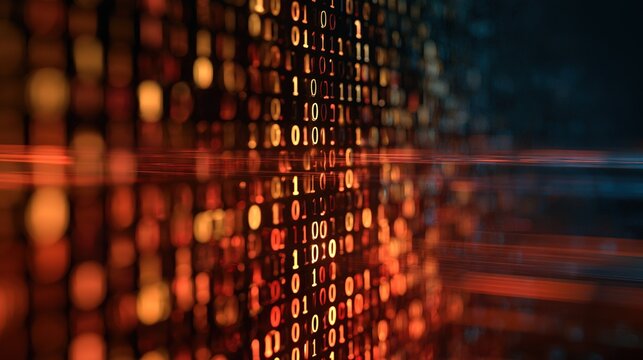 Data processing visualization with glowing binary numbers in vertical columns, warm orange‑yellow‑red digits on left fading to cooler tones on dark background, shallow depth of field, sharp central di