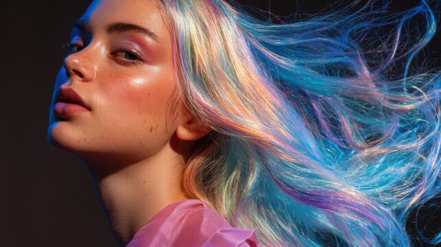 Young woman with flowing iridescent blue rainbow hair in dramatic studio portrait