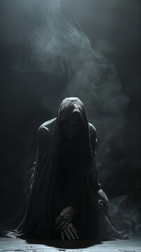 a frightening zombie witch crawling forward from dense spooky fog against a pitch-black background. Halloween and thriller concept. &ETH;&ETH;&frac34;&ETH;&raquo;&ETH;&frac12;&Ntilde;&ETH;&sup1; &ETH;&iquest;&Ntilde;&ETH;&frac34;&ETH;&frac14;&ETH;&iquest;&Ntilde;: Vertical horror stock photograph