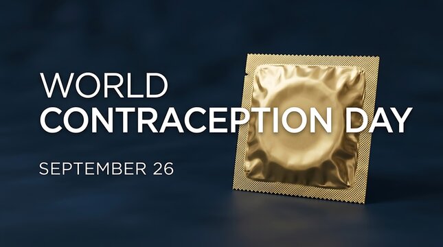 World contraception day concept with a golden condom wrapper on a dark blue background, promoting sexual health awareness and family planning education