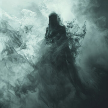 a creeping undead witch silhouette in swirling atmospheric smoke and fog. Scary Halloween and horror fiction background. &ETH;&ETH;&frac34;&ETH;&raquo;&ETH;&frac12;&Ntilde;&ETH;&sup1; &ETH;&iquest;&Ntilde;&ETH;&frac34;&ETH;&frac14;&ETH;&iquest;&Ntilde;: Square dark conceptual stock image of a cree