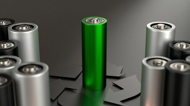 Green rechargeable battery surrounded by cells and recycling symbol, representing battery recycling, circular energy storage, material recovery and sustainable manufacturing