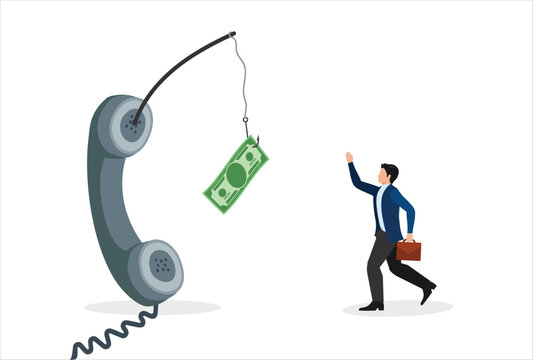 Phone scam, telephone call lying about fake investment, fraud to steal money from victim, financial crime concept, greedy man chasing easy money bait from thief phone call lying for paying scams.


