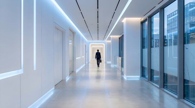 Professional business person walking down a modern bright office corridor