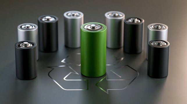 Green rechargeable cell stands among conventional batteries and recycling arrows, illustrating circular battery economy, resource recovery and sustainable energy storage technology