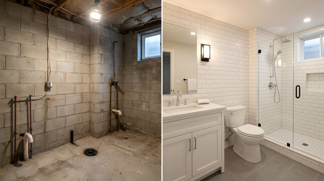 basement bathroom renovation before and after|modern walk-in shower remodel ideas|home improvement basement finishing project|subway tile bathroom design inspiration|small bathroom makeover transforma
