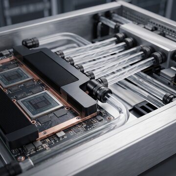 Liquid cooling system with transparent tubes on AI server semiconductor processor